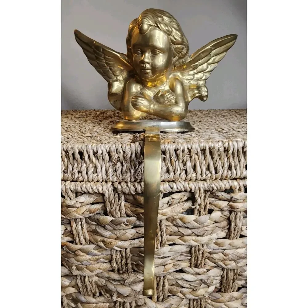 Vintage Large Heavy Brass Cherub Christmas Stocking Holder Shelf Hanging Decor